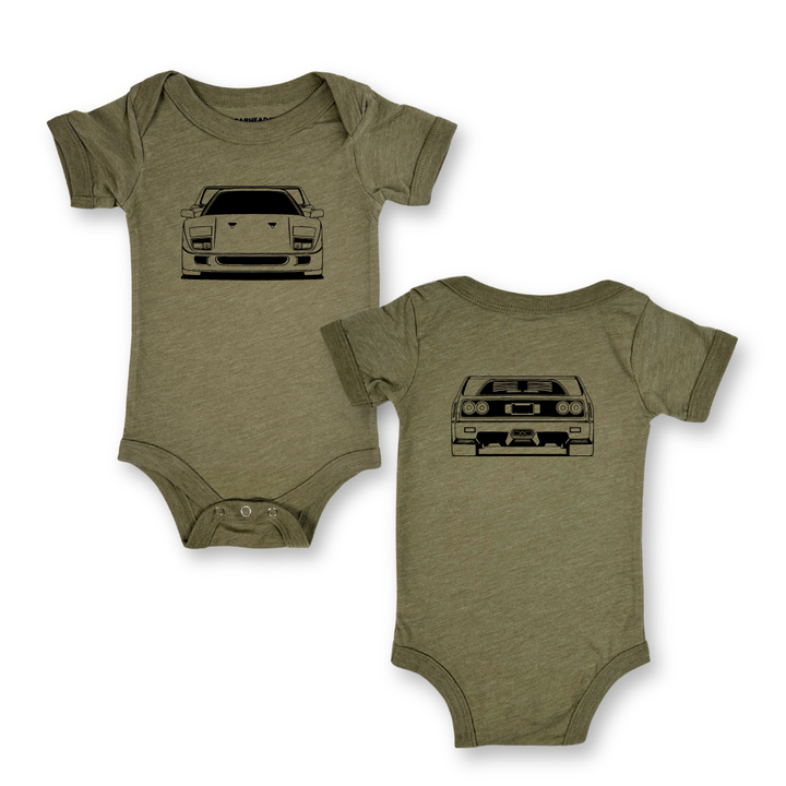 Ferrari F40 front and back outline on a olive baby onesie - Gearhead Kids Outline Collection