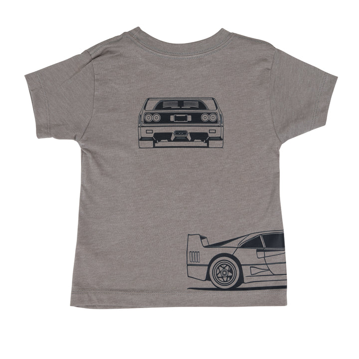 Ferrari F40 Outline t-shirt featuring front, back, and side car profiles - Gearhead Kids