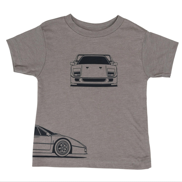 Ferrari F40 Outline t-shirt featuring front, back, and side car profiles - Gearhead Kids
