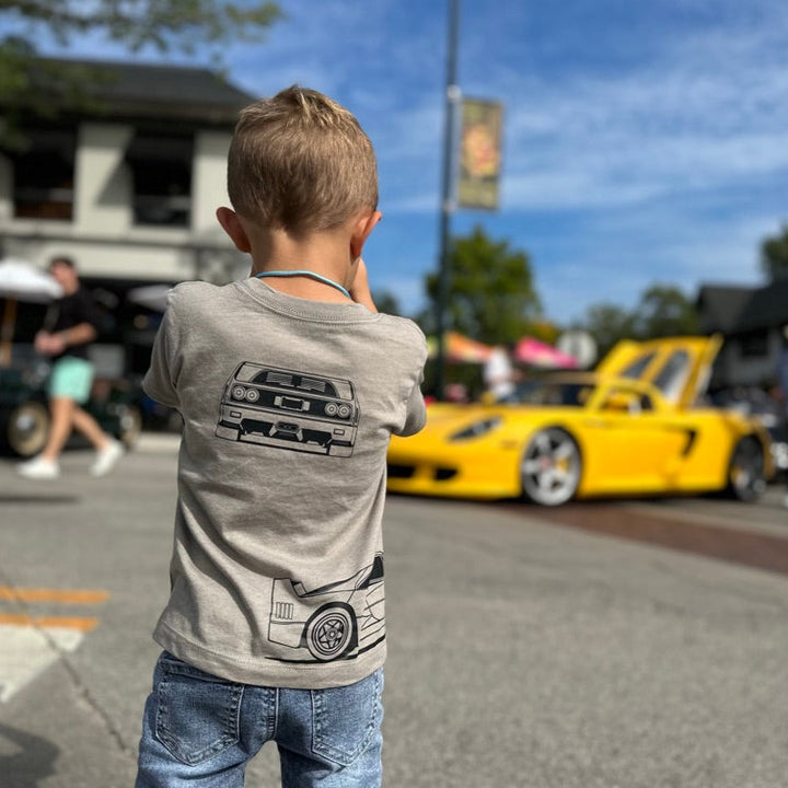 Little car enthusiast wearing a Ferrari F40 triple-profile graphic tee - Gearhead Kids