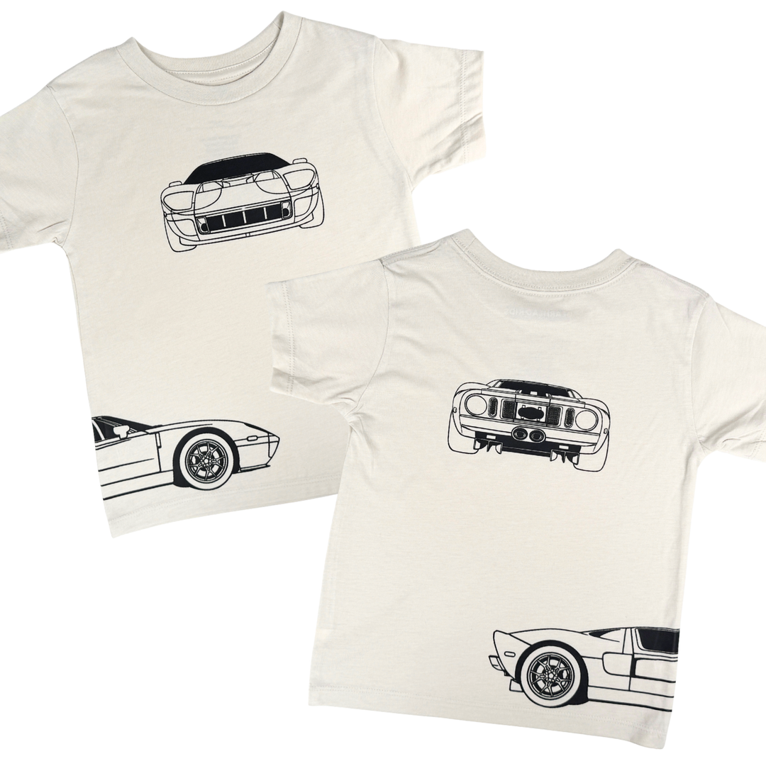 Ford GT 2005 Supercar T-Shirt for Kids in Dust Color - Featuring front, back and side outlines of the iconic American Legend Car  | Gearhead Kids - Automotive Apparel for Kids