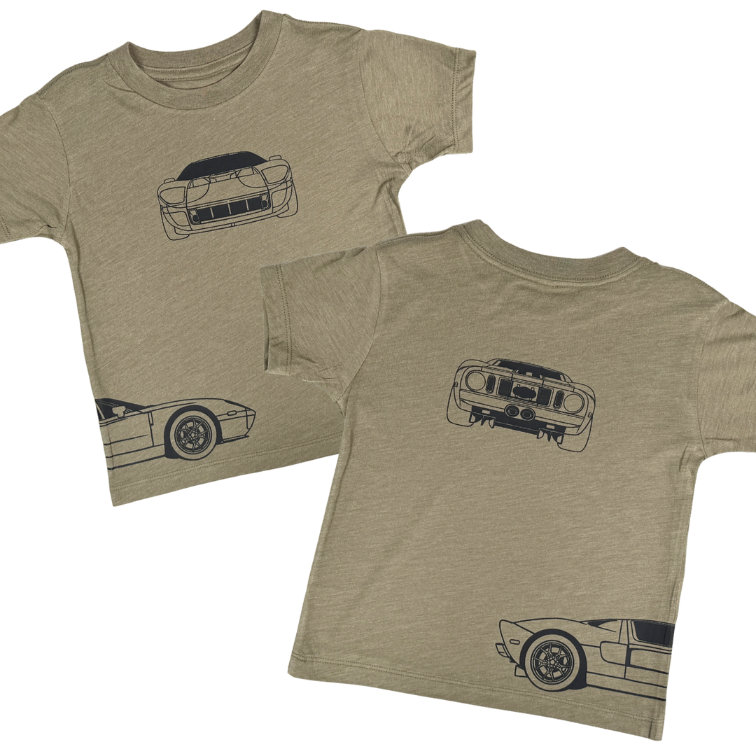 Ford GT 2005 T-Shirt for Kids in Olive Color - Featuring front, back and side outlines of the iconic American Supercar 
Gearhead Kids - Automotive Apparel for Kids