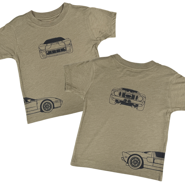 Ford GT 2005 T-Shirt for Kids in Olive Color - Featuring front, back and side outlines of the iconic American Supercar 
Gearhead Kids - Automotive Apparel for Kids