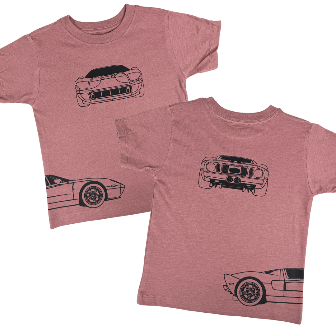 Ford GT 2005 T-Shirt for Kids in Mauve Color - Featuring front, back and side outlines of the iconic American Supercar 
Gearhead Kids - Car Apparel for girls