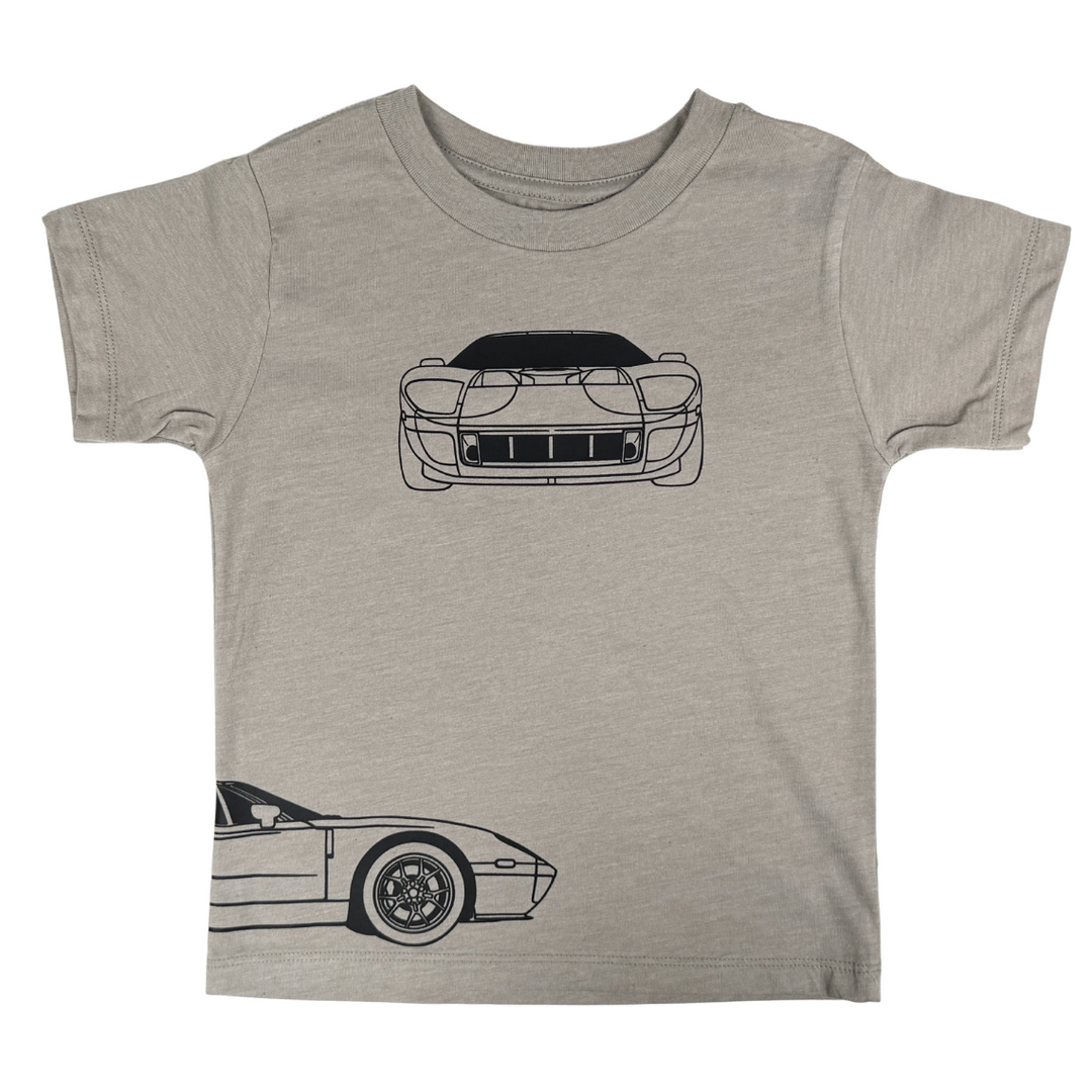Ford GT 2005 T-Shirt for Kids in Stone Color - Featuring front, back and side outlines of the iconic American Supercar 
Gearhead Kids - Car Apparel for Kids