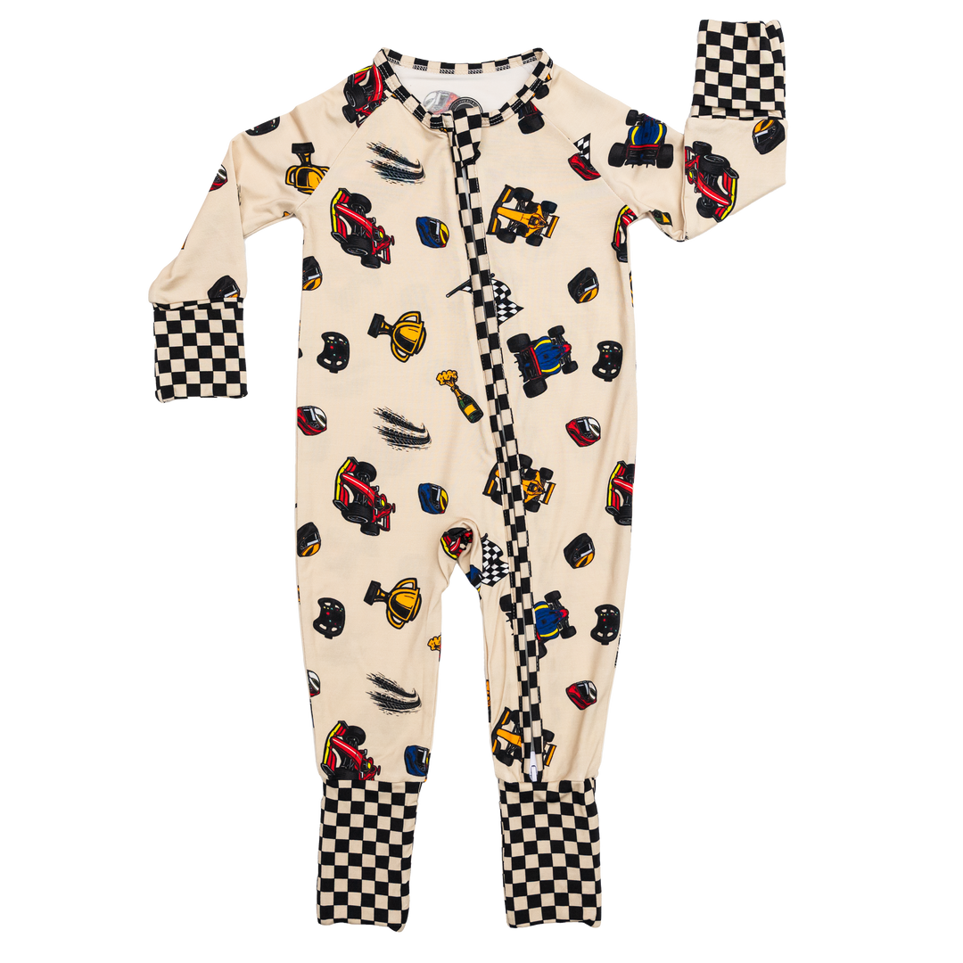 Baby zipper pajamas featuring formula 1 race cars | Gearhead Kids