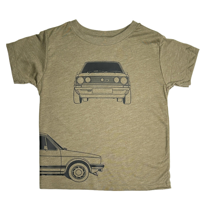 VW MK1 Golf GTI graphic t-shirt for kids in classic olive -  front view - Gearhead Kids