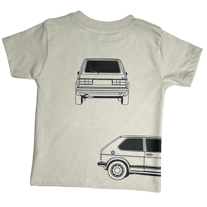 Minimalist VW MK1 Golf GTI graphic t-shirt for kids in classic dust - back view - Gearhead Kids