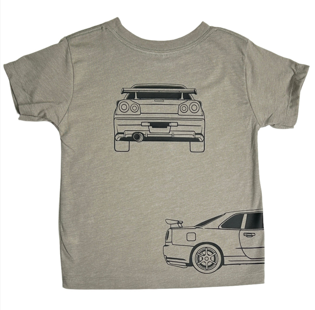 Minimalist outline Nissan GT-R R34 graphic t-shirt for kids - Gearhead Kids