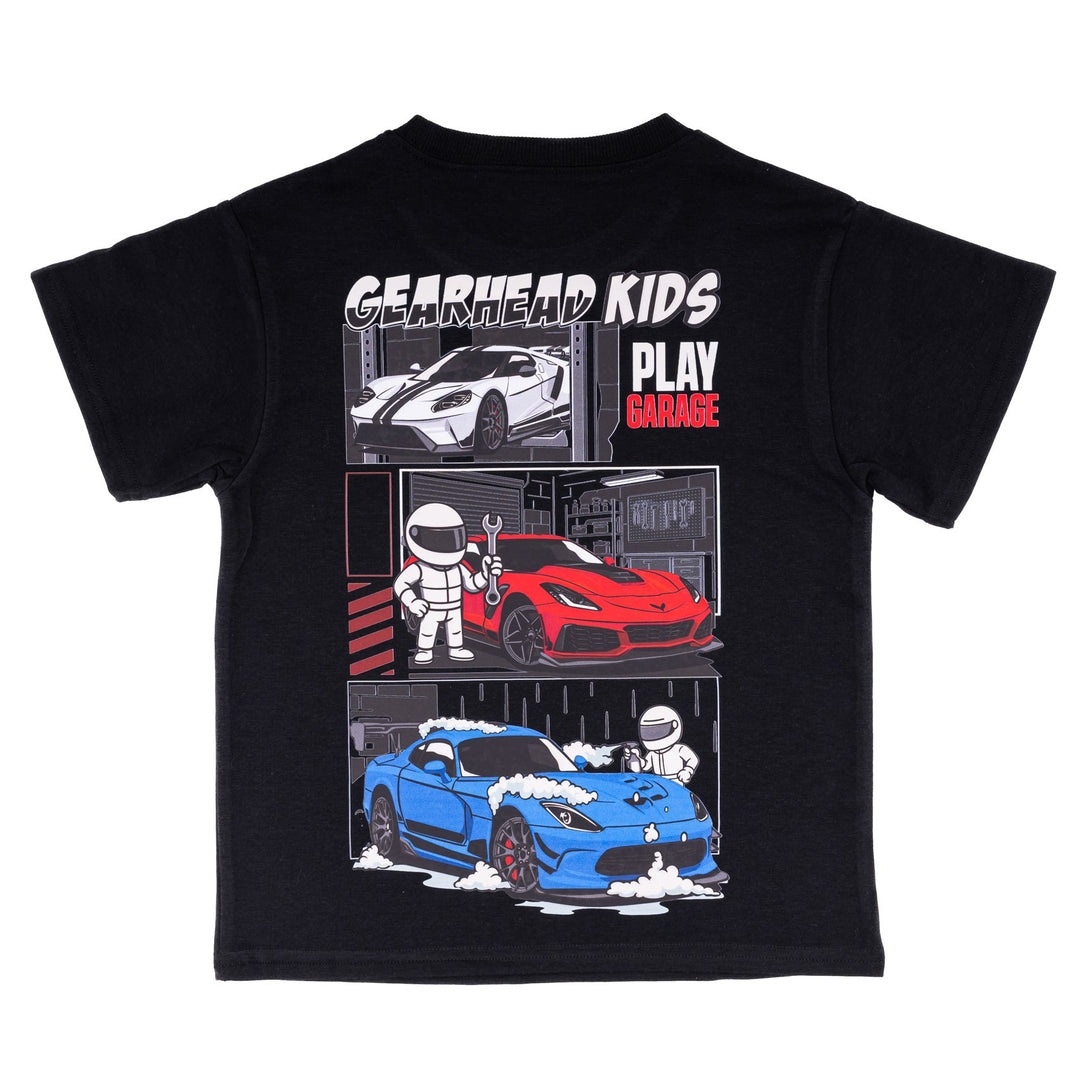Gearhead Kids - Play Garage - American Muscle Cars T-Shirt for Kids featuring Ford GT, Corvette ZR1, and Viper ACR.  Car Clothes for Kids.