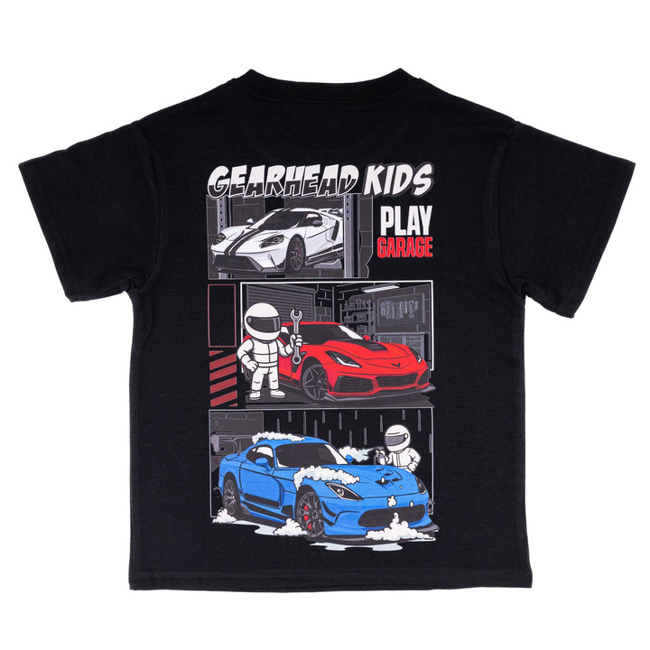 Gearhead Kids - Play Garage - American Muscle Cars T-Shirt for Kids featuring Ford GT, Corvette ZR1, and Viper ACR.  Car Clothes for Kids.