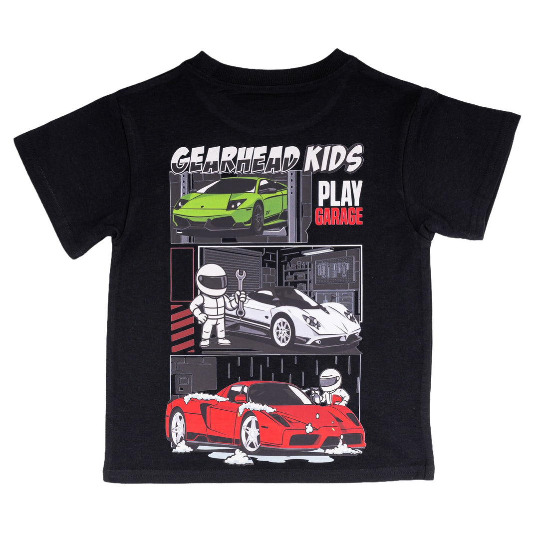 Gearhad Kids Play Garage black T-Shirt for Kids - Featuring Italian Exotic Cars - Ferrari Enzo, Lamborghini Murciélago, Pagani Zonda.  Car Apparel for Kids.