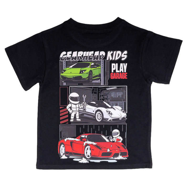 Gearhad Kids Play Garage black T-Shirt for Kids - Featuring Italian Exotic Cars - Ferrari Enzo, Lamborghini Murciélago, Pagani Zonda.  Car Apparel for Kids.