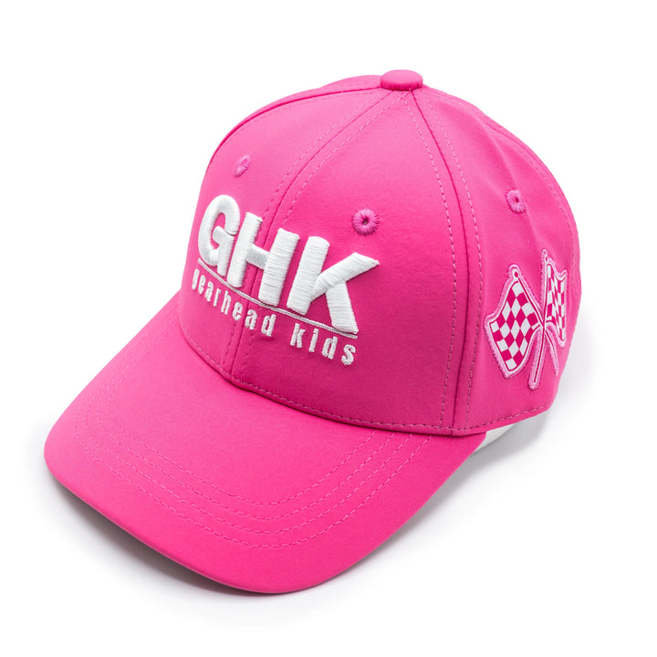 A bright pink baseball cap with 'GHK' and 'GREAT HEAD KIDS' embroidered in white on the front, and a small checkered flag graphic on the side, shown on a white background.