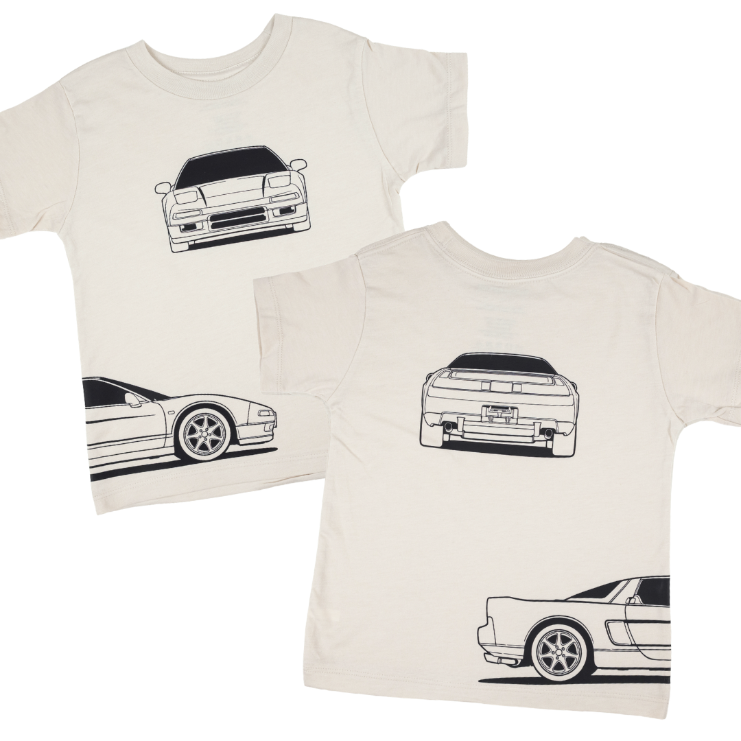 Dust Color t-shirt for kids featuring front, back and side outline silhouette's of honda NSX type r car.  Gearhead Kids