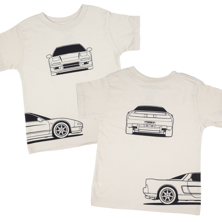 Dust Color t-shirt for kids featuring front, back and side outline silhouette's of honda NSX type r car.  Gearhead Kids