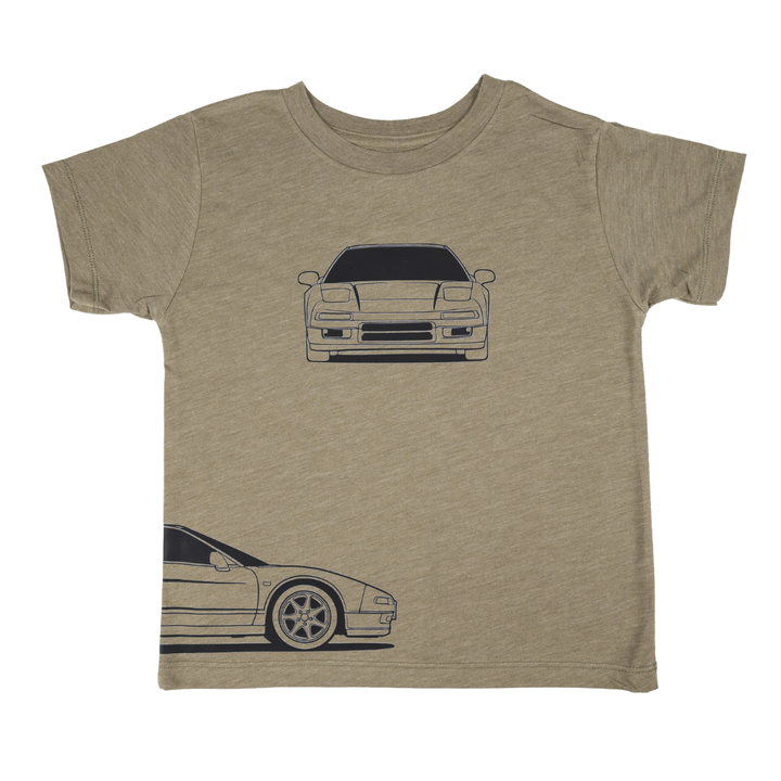 Honda NSX t-shirt for kids - featuring olive color t-shirt with minimalistic design of the front, back and side desing of the iconic car.  Gearhead Kids 