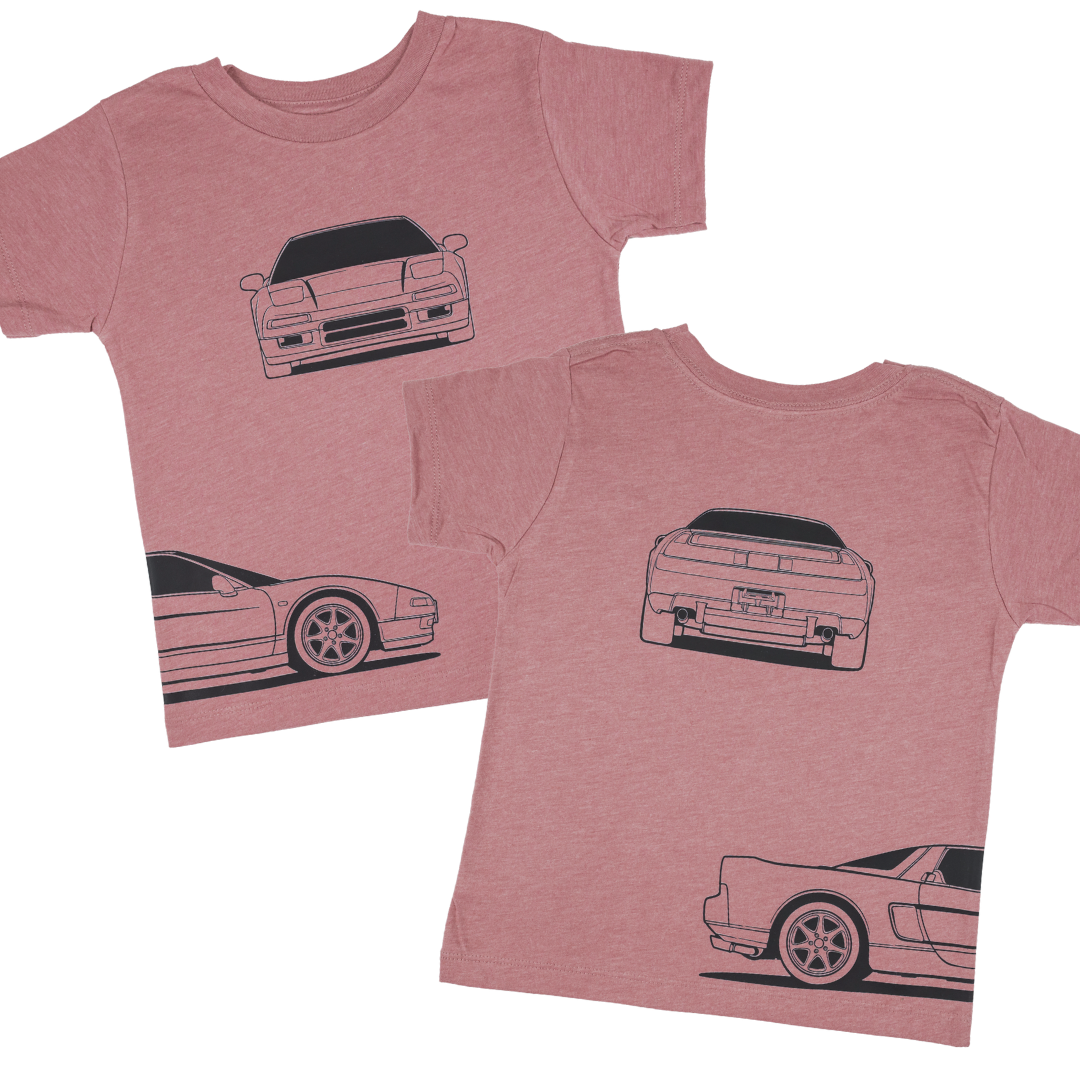 Honda NSX t-shirt for kids featuring minimalistic design of the front, back and side profiles of the iconic car.   Gearhead Kids