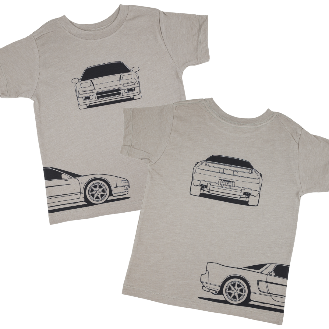 Stone color t-shirt featuring the Honda NSX silhouette of front, back and side profiles of the car.  Gearhead Kids 