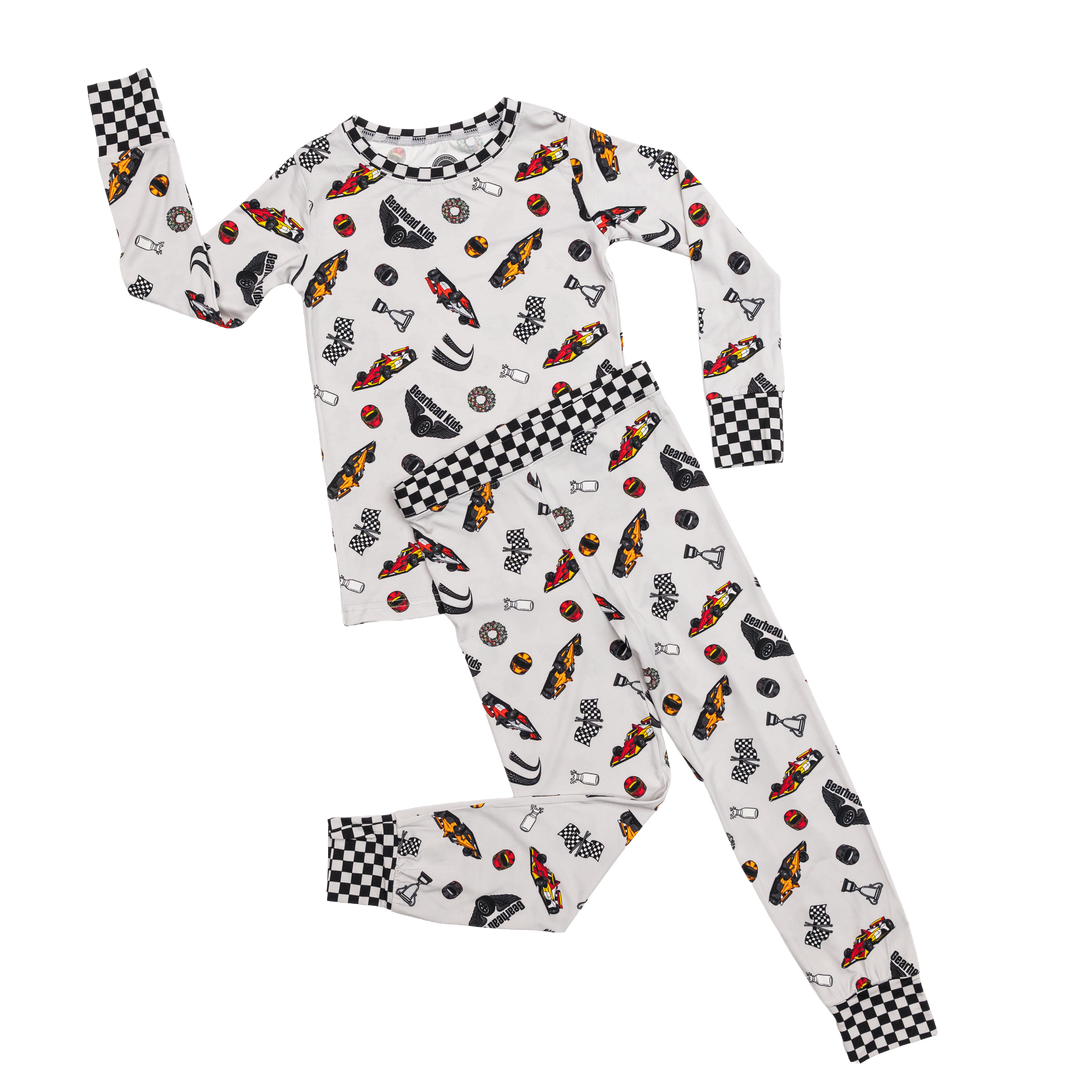 Indy car racing themed bamboo pajamas with victory milk bottle and wreath illustrations | Gearhead Kids 