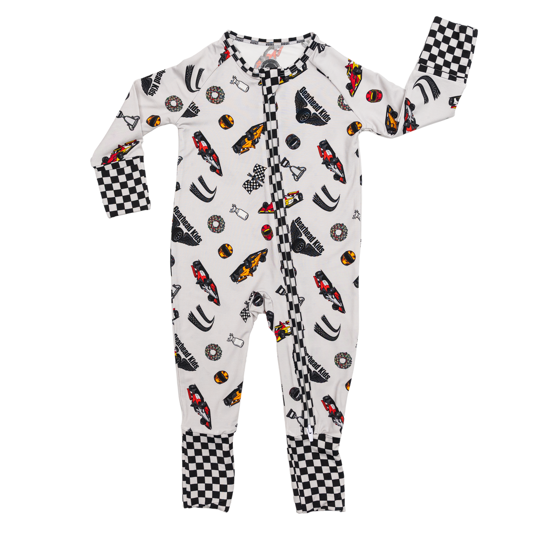 Bamboo pajamas featuring Indy Car Race cars, racing helmets, tropies, and Indy 500 victory wreath and milk | Gearhead Kids