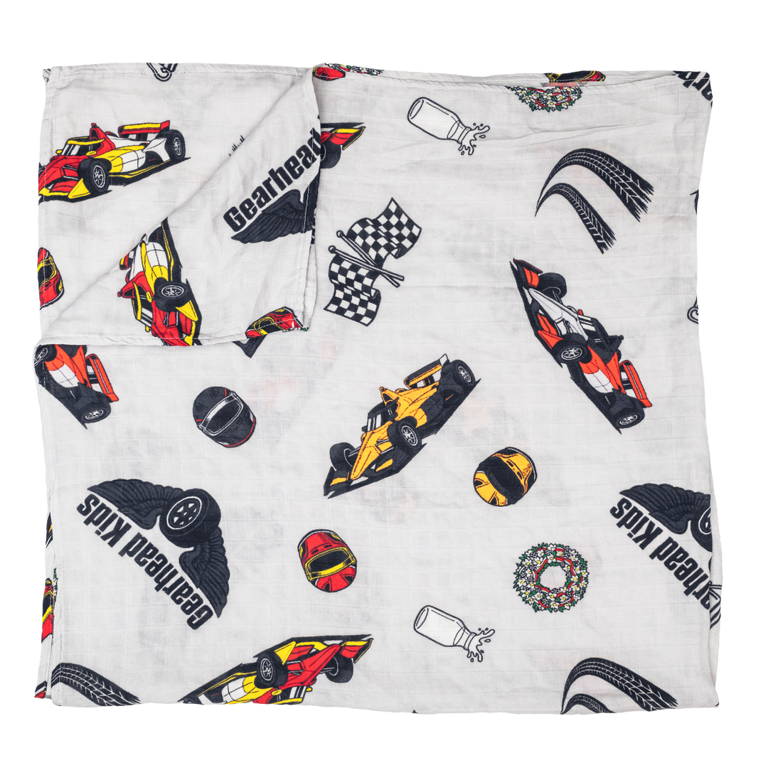 Indy Car - Indy 500 themed blanket for babies featuring race cars, checkered flags, victory wreaths, the legendary Borg-Warner-inspired trophy, and the ultimate winner’s tradition—the iconic bottle of milk. | GEARHEAD KIDS