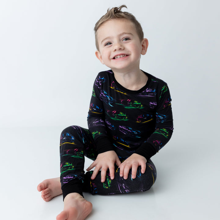 Little boy wearing JDM car pajamas  - Gearhead Kids