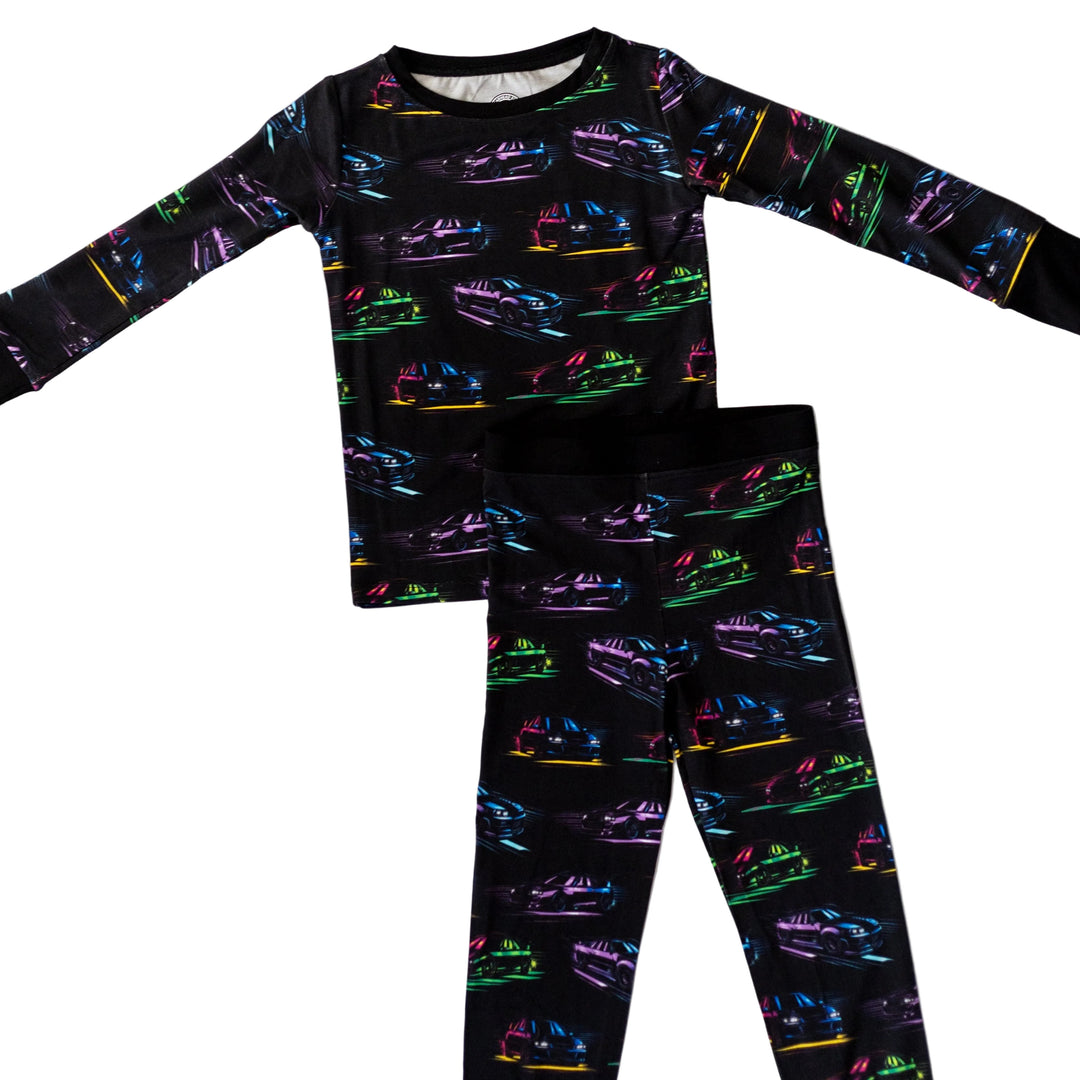Full view of JDM Nights graphic bamboo pajamas for kids showing all five Japanese performance icons - Gearhead Kids