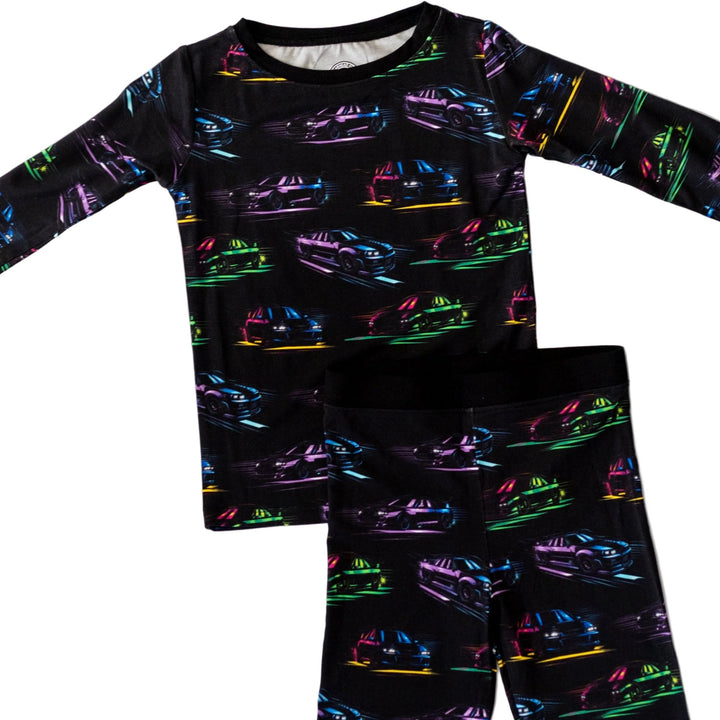 Full view of JDM Nights graphic bamboo pajamas for kids showing all five Japanese performance icons - Gearhead Kids