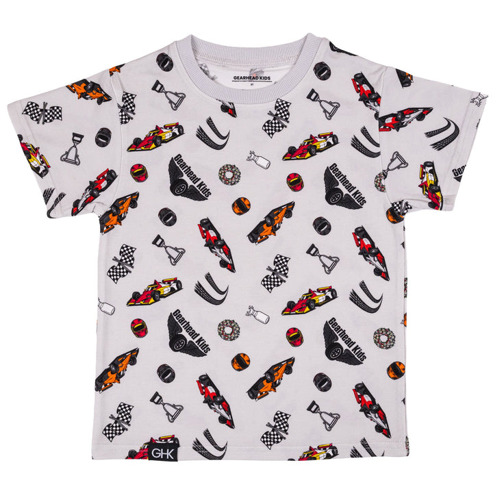 Gearhead Kids Midnight Milk Run t-shirt featuring a custom all-over repeating pattern of retro open-wheel race cars, checkered flags, victory trophies and wreath, tire tracks, and milk bottles.