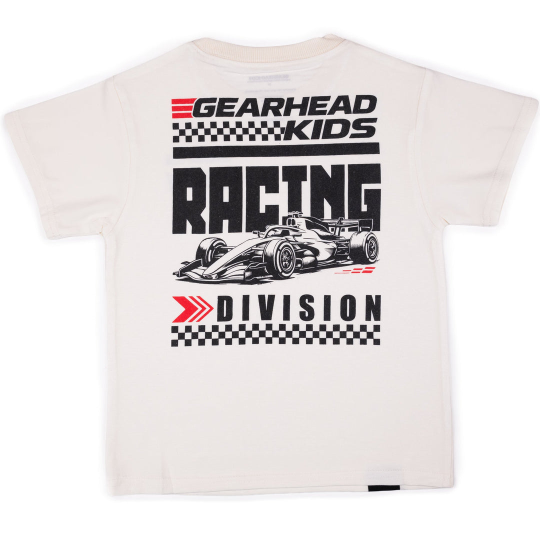 Back of the Gearhead Kids Grand Prix Sunday Club shirt featuring a detailed open-wheel race car illustration with bold Racing Division text. 