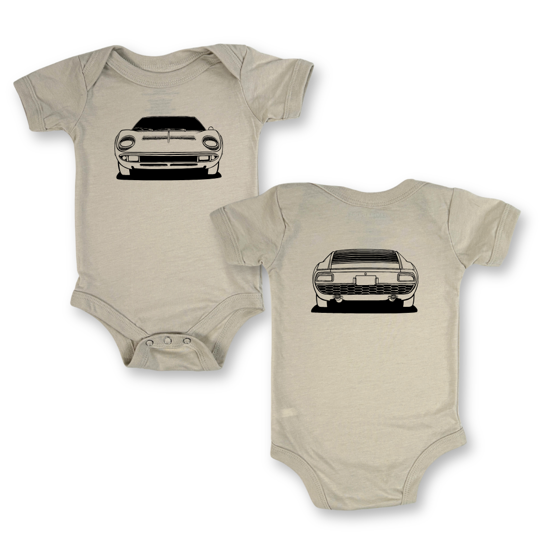 Outlines of front and back Lamborghini Miura dust onesie for babies | Gearhead Kids - car themed apparel for kids. 