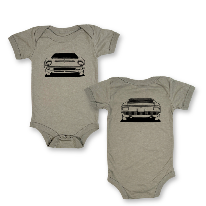 Lambroghini Miura onesie for babies - featuring front and back outlines for the Italian Supercar. 
