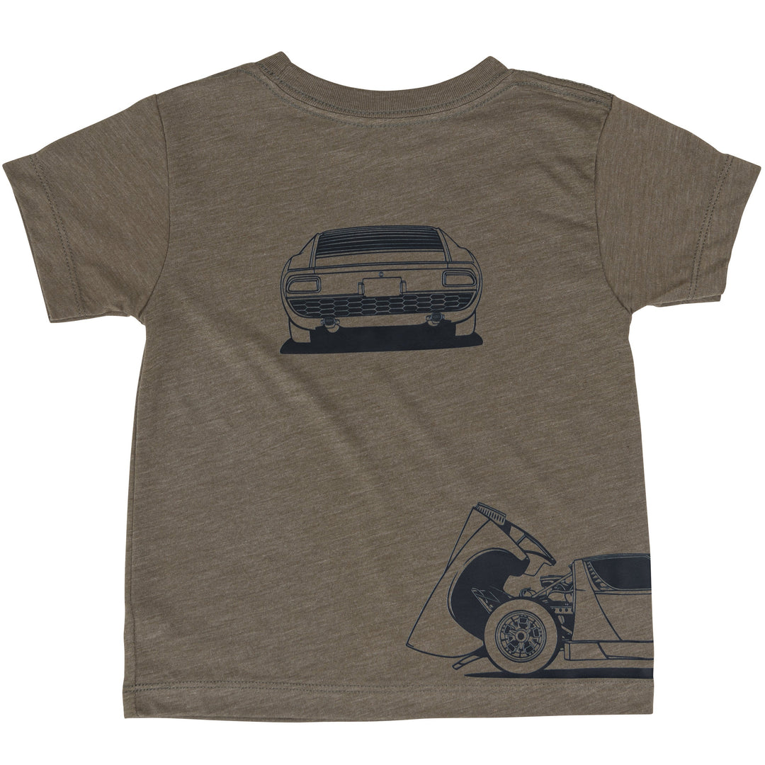 Minimalist Lamborghini Miura graphic t-shirt for kids in vintage olive - Gearhead Kids