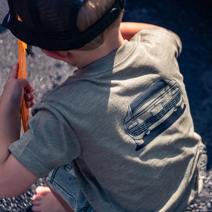 Toddler car enthusiast wearing a Lamborghini Miura t-shirt - rear view - Gearhead Kids