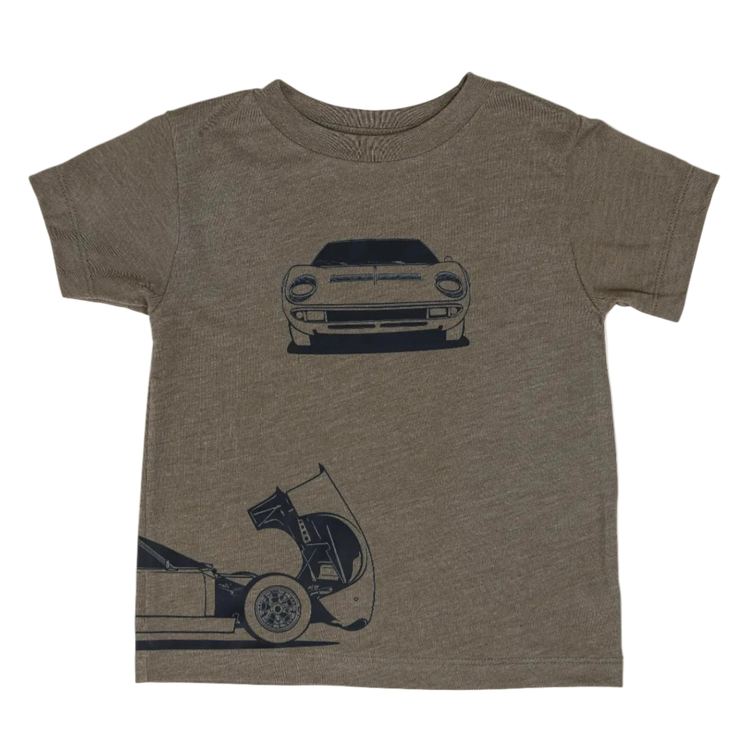 Lamborghini Miura Outline t-shirt featuring front, back, and side car profiles - Gearhead Kids