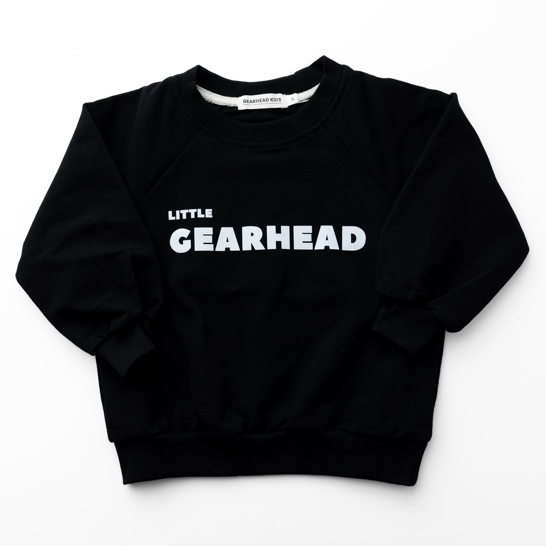 Black sweatshirt with 'LITTLE GEARHEAD' text on a white background - Gearhead Kids