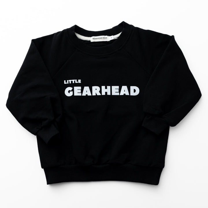 Black sweatshirt with 'LITTLE GEARHEAD' text on a white background - Gearhead Kids