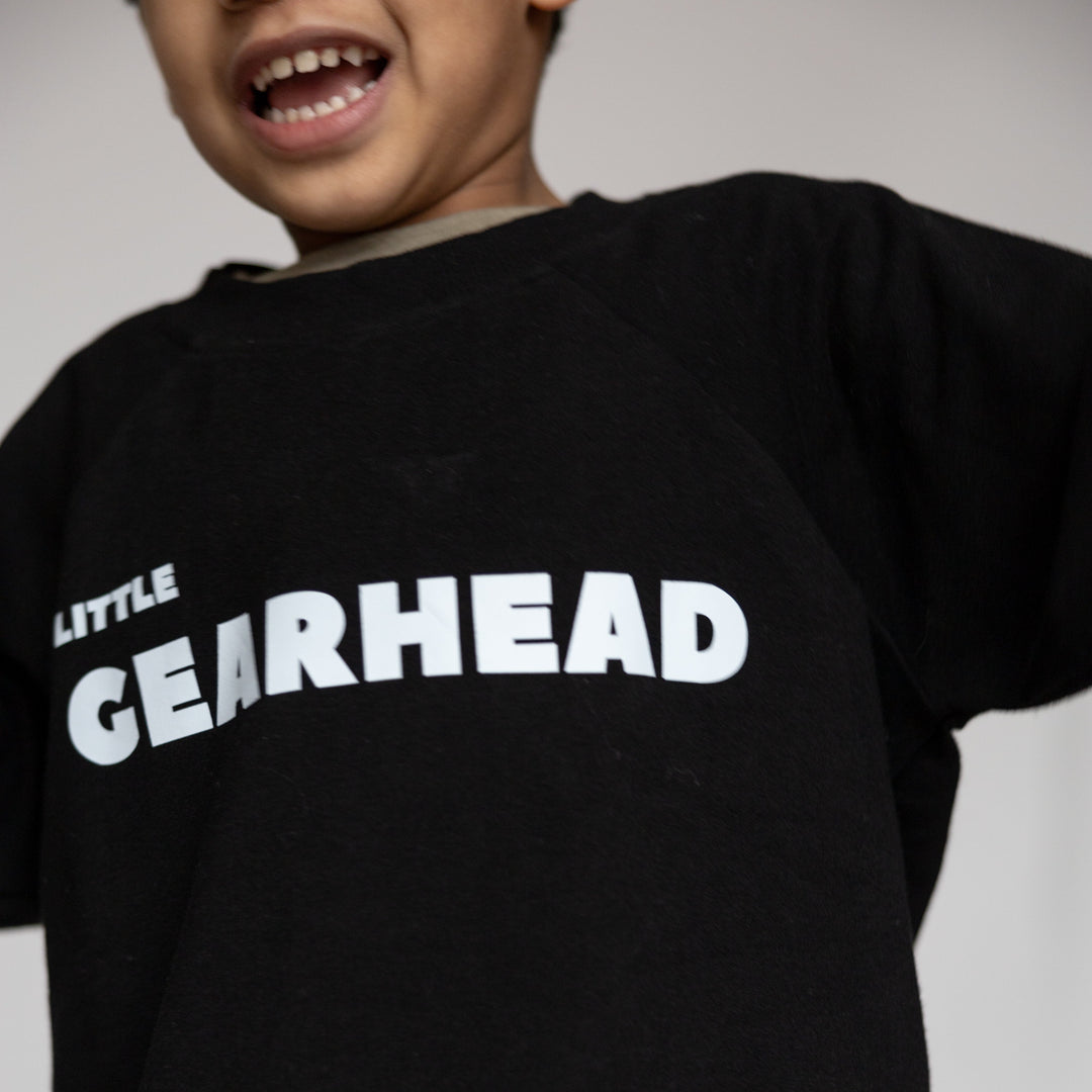 Close-up of the durable Little Gearhead screen print on organic cotton fleece - Gearhead Kids 