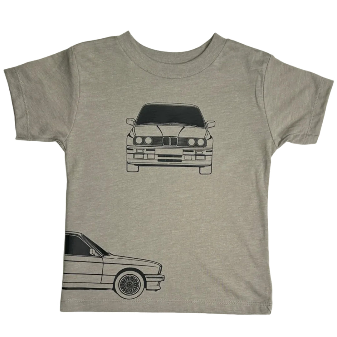 Minimalist BMW E30 M3 blueprint style t-shirt for kids in stone front view  - Gearhead Kids