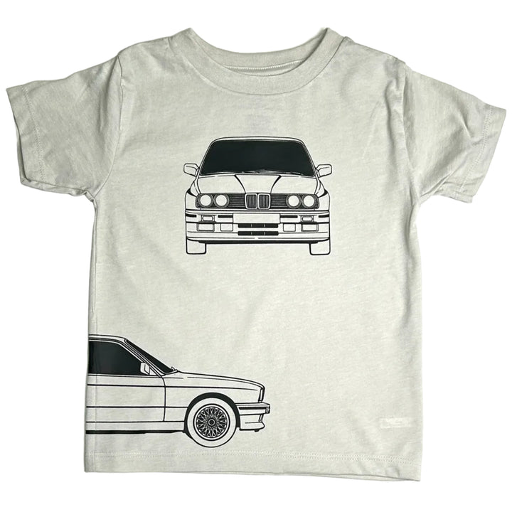 Minimalist BMW E30 M3 blueprint style t-shirt for kids in dust front view  - Gearhead Kids