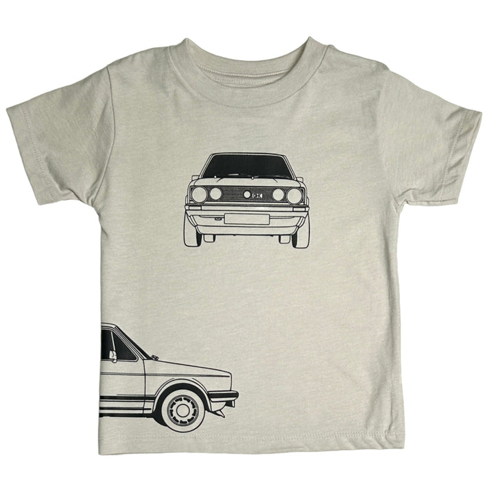 Minimalist VW MK1 Golf GTI graphic t-shirt for kids in classic dust - front view - Gearhead Kids