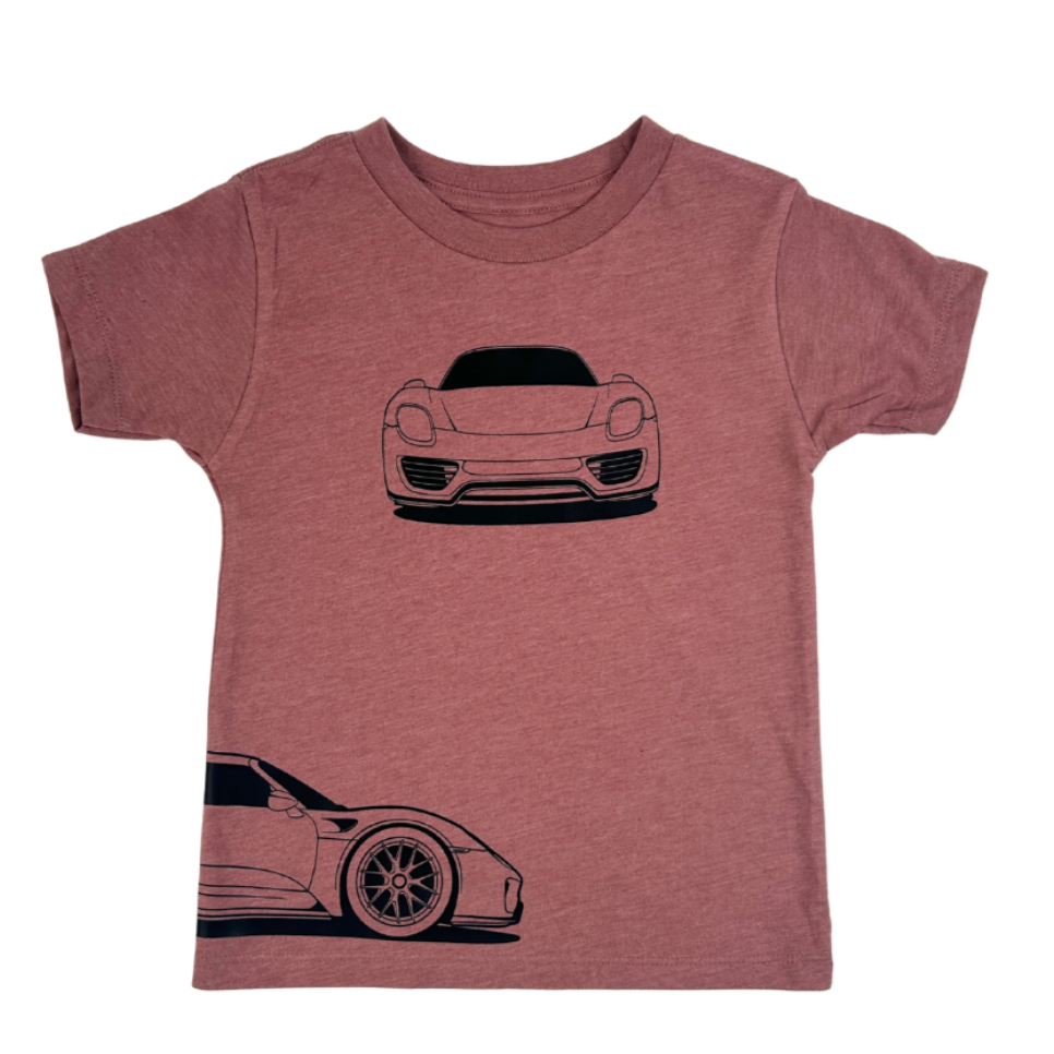 Porsche 918 Spyder Outline t-shirt in mauve with three car profile views - front view - Gearhead Kids