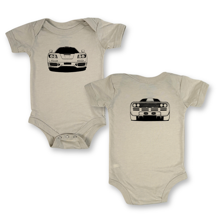 Onesie for baby featuring front and back outlines of McLaren F1 Supercar.  Gearhead Kids Outline Collection.