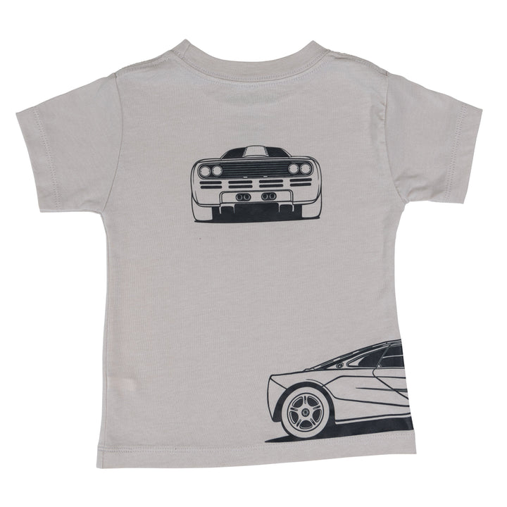 Minimalist McLaren F1 blueprint style t-shirt for kids in dust - back view - Gearhead Kids