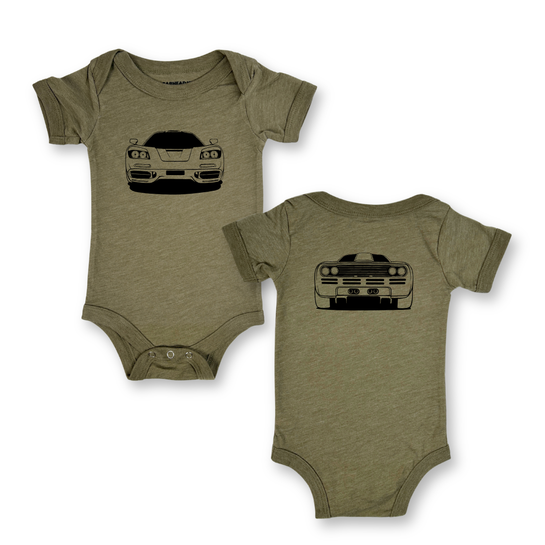 Olive Onesie for baby featuring front and back outline of McLaren F1 Supercar.  Gearhead Kids Outline Collection for car enthusiasts