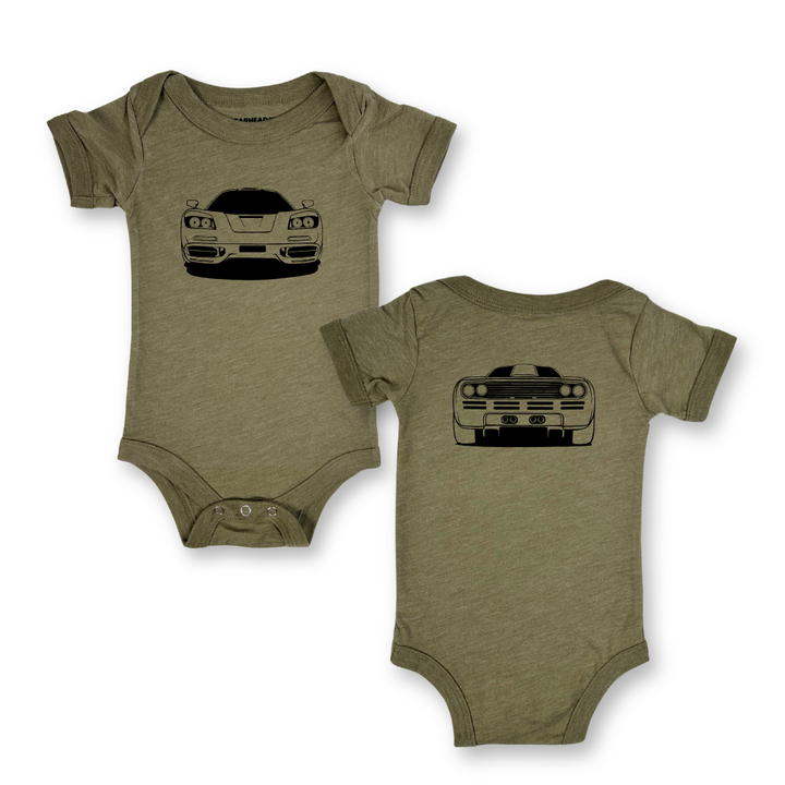 Olive Onesie for baby featuring front and back outline of McLaren F1 Supercar.  Gearhead Kids Outline Collection for car enthusiasts