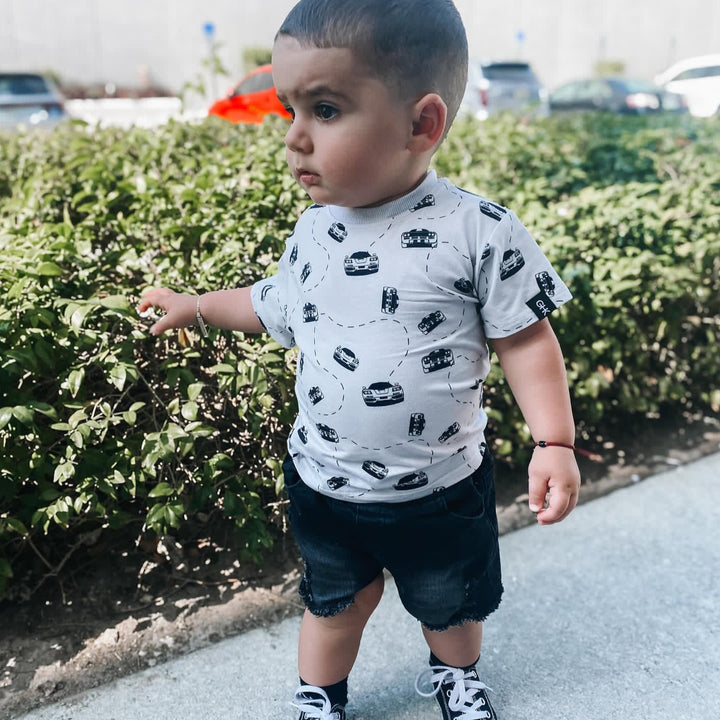 toddler wearing a McLaren F1 inspired tee with front and back silhouettes - Gearhead Kids