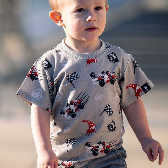 toddler boy wearing an oversized vintage F1 inspired tee in bamboo and organic cotton - Gearhead Kids