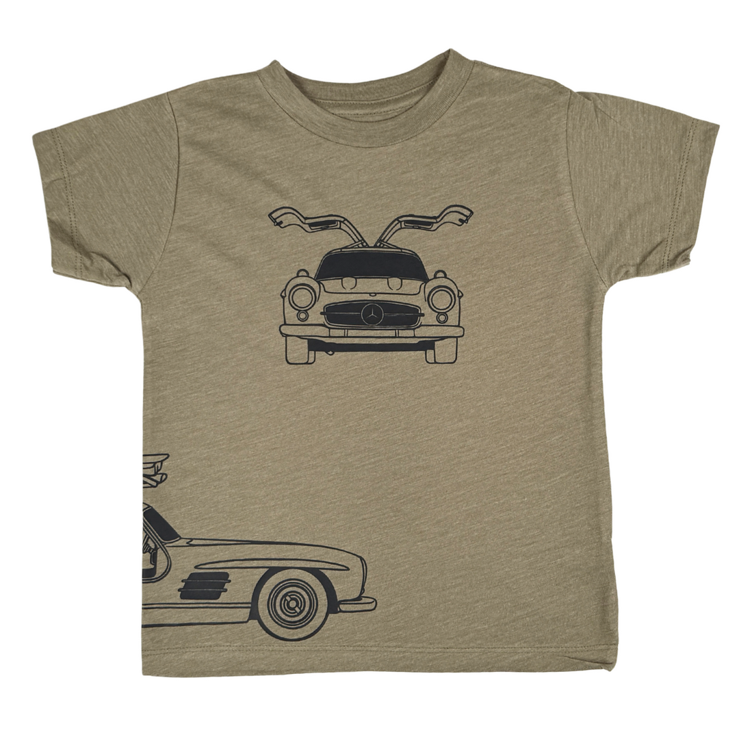 Front view of an olive color premium cotton T-shirt featuring minimalist Mercedes 300SL Gullwing front, back, and side profile outlines - Gearhead Kids.  Car Clothes for Kids